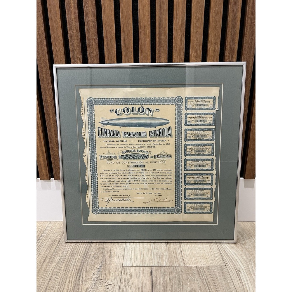 1928 COLON Compania Transaerea Espanola Zeppelin Bond 250 Pesetas Framed